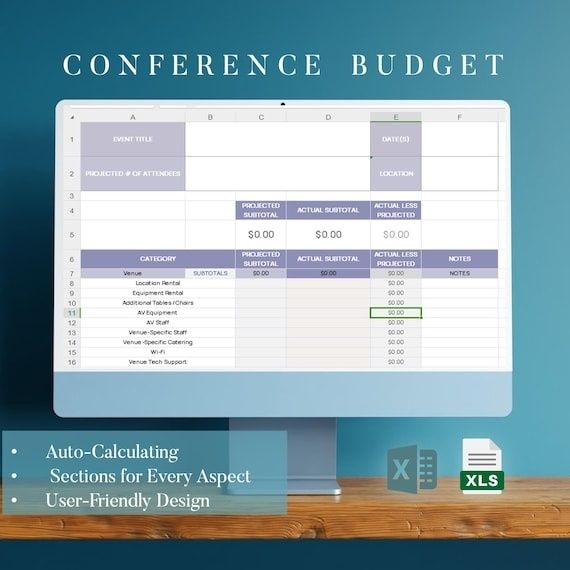 Kalkylblad på datorskärm för planering av konferensbudget
